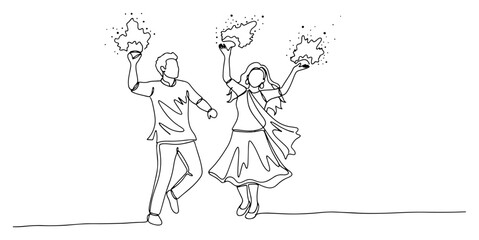 Obraz premium Couple celebrating Holi festival throwing colored powder in minimalist continuous line art style