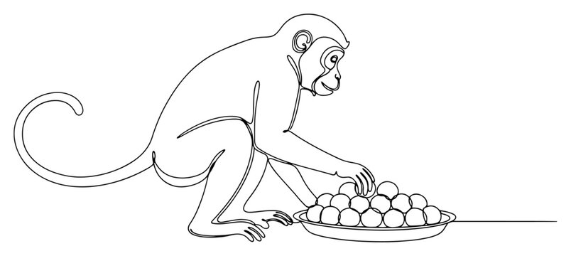 Monkey eating sweet laddoos from plate in minimal continuous line art style