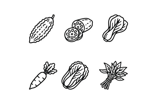 Asian Vegetables silhouette icon collection - Healthy organic food line art collection of fresh cooking ingredients