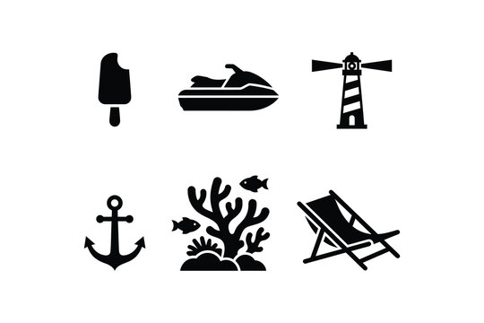 Black and white summer vacation icon set with beach and ocean elements - Summer Beach and Nautical Icons Set