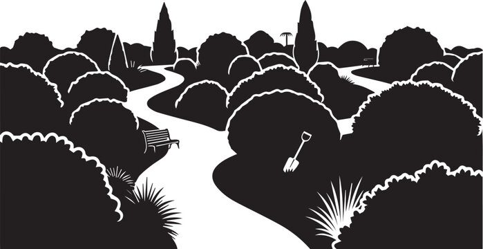 Public park landscape silhouette vector illustration with garden paths and many line art