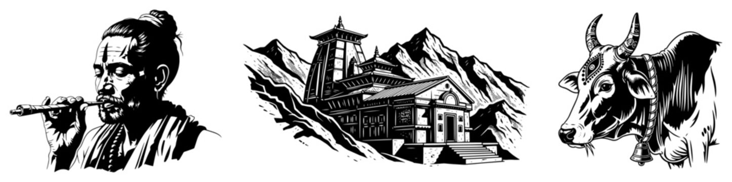 Hindu spiritual vignettes featuring sadhu playing flute mountain temple and sacred cow in woodcut style