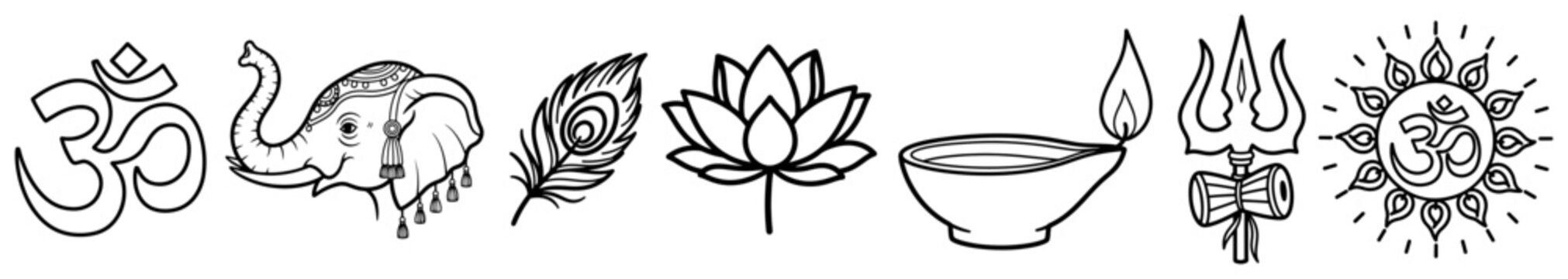 Hindu religious symbols collection including Om Ganesha lotus trishula and peacock feather in thin line art style