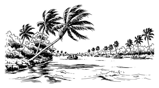 Kerala backwaters landscape with palm trees and boats on river in hand drawn vintage style