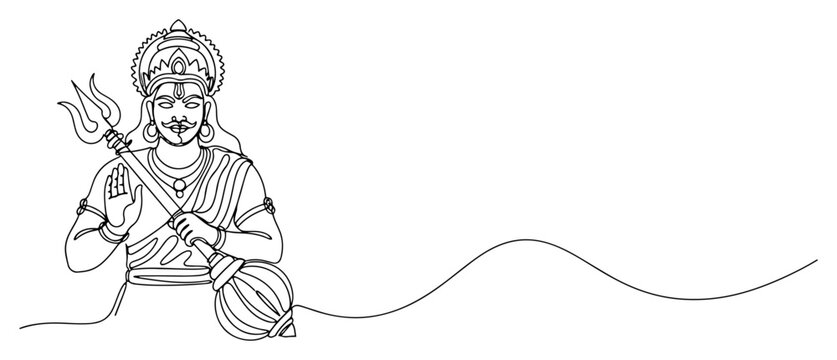 Hindu warrior deity holding mace and trident in minimalist continuous line art style