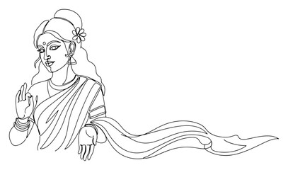 Obraz premium Indian woman wearing traditional saree and mudra gesture in minimalist continuous line art style