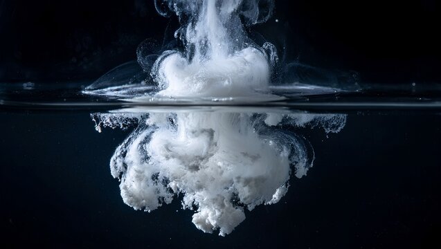 White powder dissolving into dark or black water, creating wispy swirls and particulate clouds, representing solubility and chemical dispersion