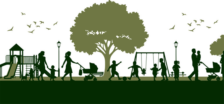 Silhouette illustration of families and children enjoying activities in a vibrant park.