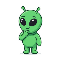 Obraz premium Cute green alien thinking icon with big black eyes in modern flat vector style.