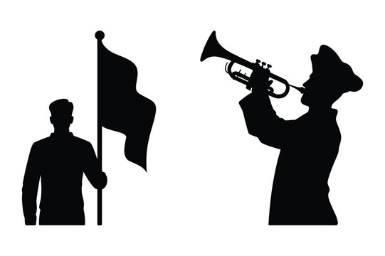 Silhouette of a bugler playing a trumpet and a soldier holding a flag