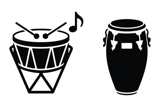 Conga drums and a hand drum with drumsticks and musical notes