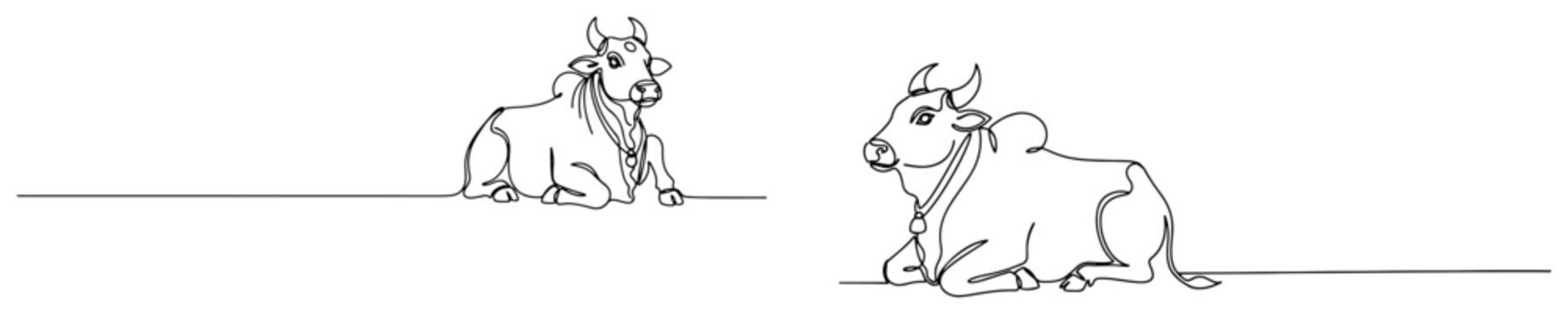 Sacred cows or Nandi bulls lying down in minimalist continuous line art style