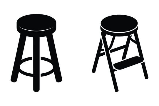 Bar stool and step stool, black silhouette vector illustration