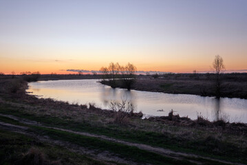 Fototapeta premium Dawn in the spring morning on the field.