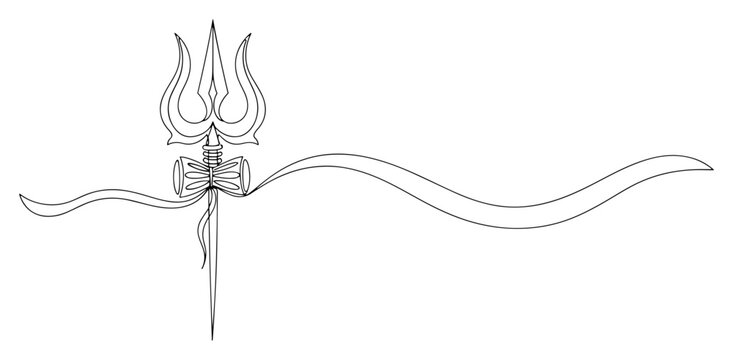 Lord Shiva trishula trident with damru drum and waving ribbon in continuous line art style