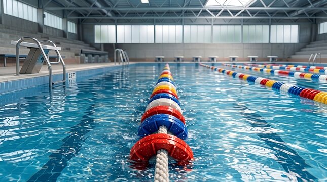 Deserted indoor pool lane with floating dividers and calm blue water, perfect for competitive swimming venues, closures, or peaceful aquatic scenes