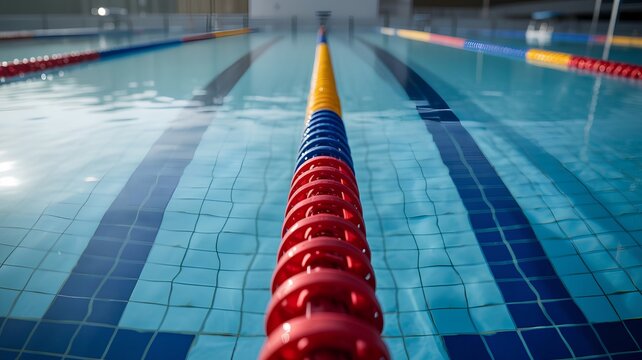 Empty indoor swimming pool with lane ropes and still water, representing quiet sports facilities, early morning training, and architectural simplicity