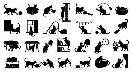 Fototapeta premium A comprehensive collection of black cat silhouettes depicting various playful and domestic activities, perfect for pet-related designs and illustrations.
