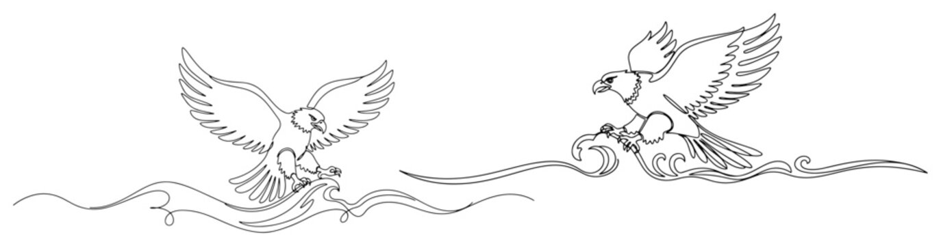 Two eagles flying and hunting over water in continuous line art style