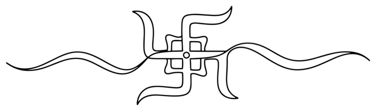 Auspicious swastika symbol with decorative flowing ribbons representing prosperity and peace in line art style