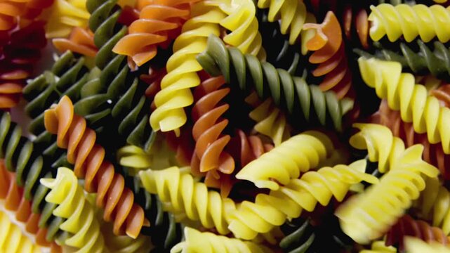Slow motion shot of colorful vegetable fusilli pasta falling and filling the frame against a white background. Top view of rotating spiral pasta in yellow, green, and orange colors.