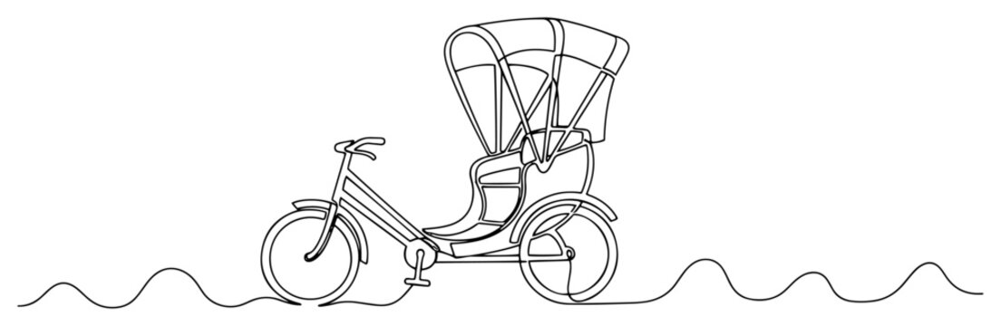 Traditional cycle rickshaw taxi on a wavy path in continuous line art style