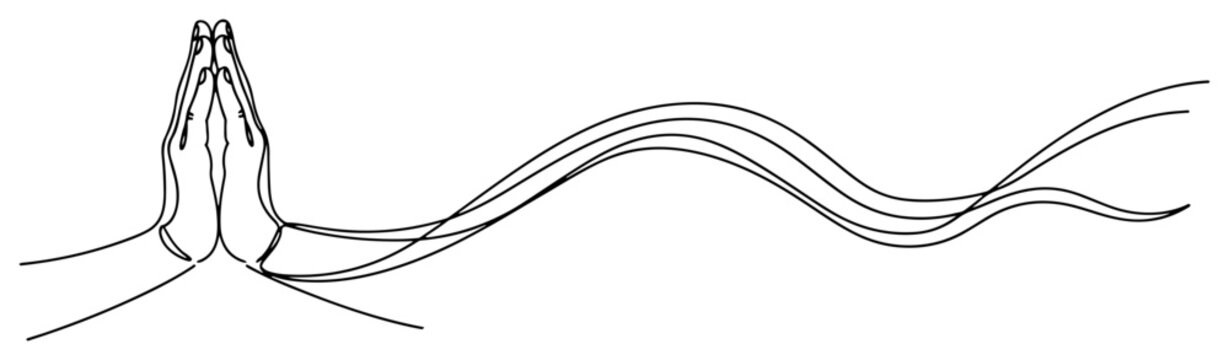Namaste hands prayer gesture with flowing decorative continuous line art style