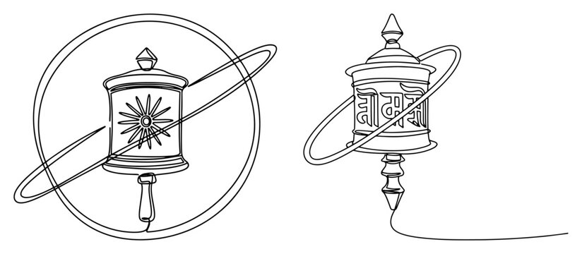 Buddhist prayer wheels with sacred mantras in continuous line art style