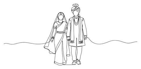 Obraz premium Indian wedding couple in traditional attire with continuous line art style