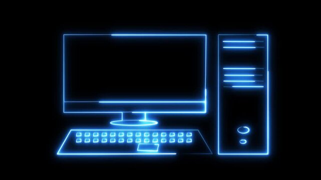 Glowing neon computer icon isolated on black background. Technology Concept Illustration. Technology, digital marketing and pc screen for software. 4k motion video.