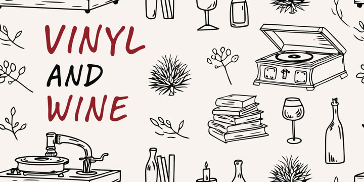 Vinyl records wine glasses and books in a patterned design silhouette