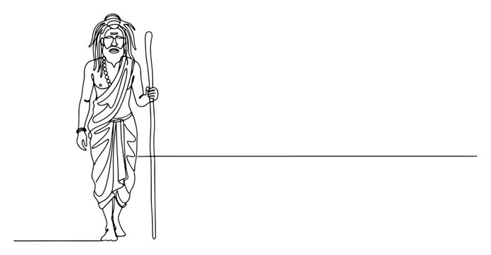 Hindu monk sadhu walking with staff in minimalist continuous line art style