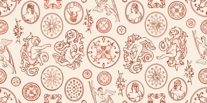 Vintage cameo patterns with floral accents and angelic figures silhouette