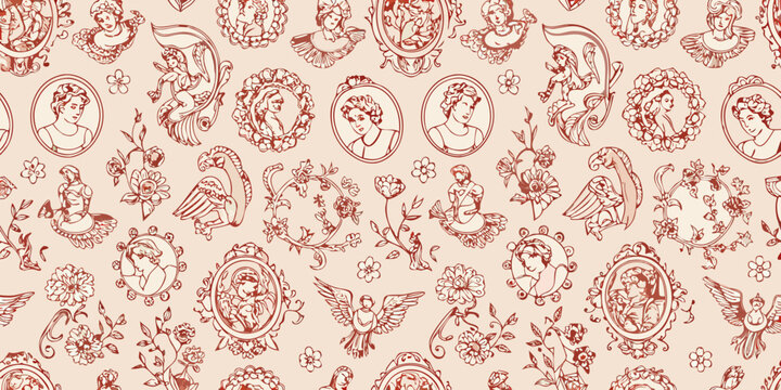 Vintage cameo portraits and floral elements create a repeating pattern silhouette