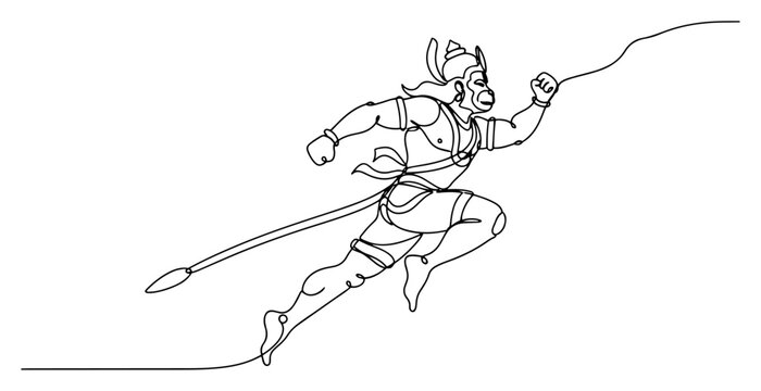 Lord Hanuman deity running with power in continuous line art style