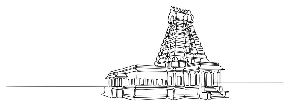Hindu temple gopuram tower architecture with continuous line art style