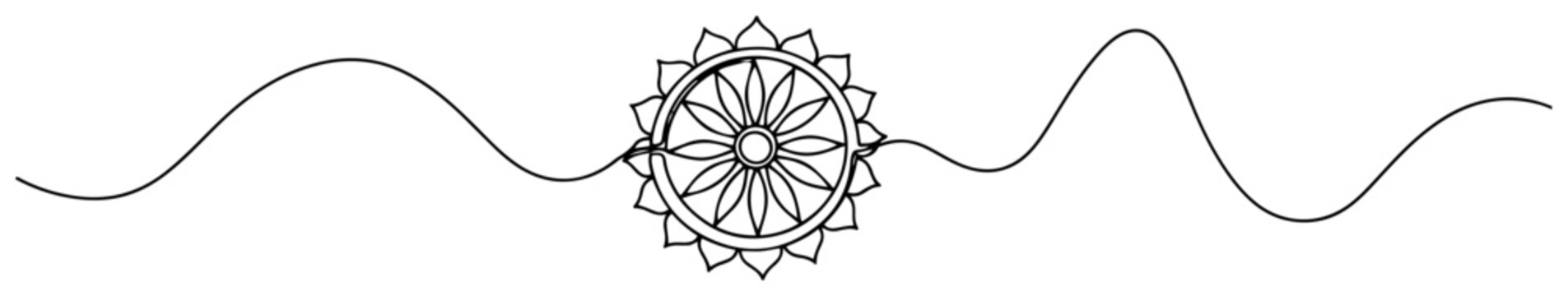 Dharma chakra symbol with wavy lines in continuous line art style