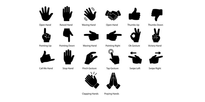 Hand Gestures Icons Set. humbs Up, Pointing, Waving, OK, Praying Hands, communication gestures, ui icons, sign language icons, finger gestures