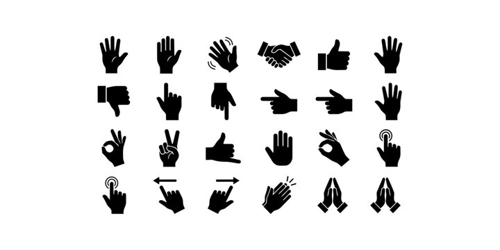 Hand Gestures Icons Set. Thumbs Up, Pointing, OK, Clap, Pray, Swipe & More