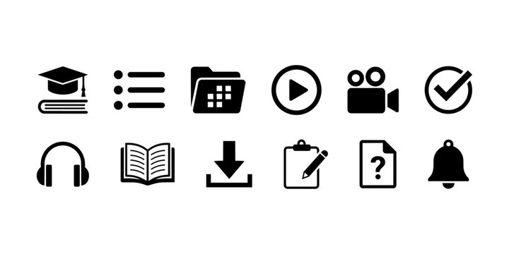 Online learning education fill and line stock icon collection. course overview, Lesson List, Module, Video Lecture, audio, reading, download