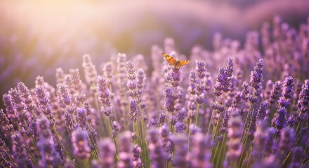 Obraz premium A vibrant lavender field in bloom with a bee bathed in golden sunlight