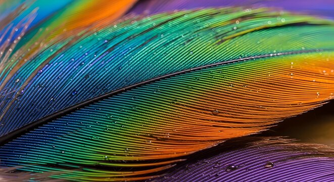 Close up of peacock feather with iridescent colors and water droplets detailed