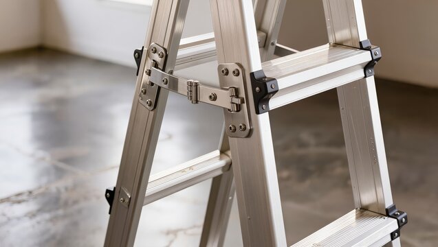 Close-up detail of the robust locking mechanism and construction of a silver A-frame ladder emphasizing engineering precision safety quality manufacturing and the innovation in industrial design.