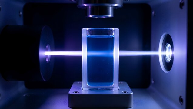Precise beam of light passing through a transparent cuvette filled with blue liquid in a laboratory spectrophotometer, representing photometry and analysis