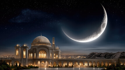 Fototapeta premium Crescent moon gracefully illuminating a unique building at night, creating a tranquil atmosphere ideal for themes of Islamic holidays, spirituality, and quiet reflection