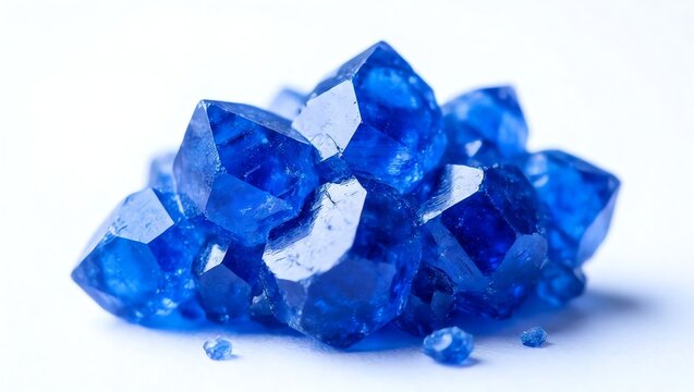 Cluster of vibrant blue copper-sulfate crystals with geometric, faceted shapes, representing chemistry, crystallography, and inorganic beauty