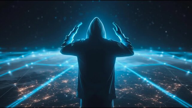 Hacker are planning to hack and attack networks and cyber security systems..Smart Innovation city with connection cyber security network reciprocity over the cityscape . future wireless digital city