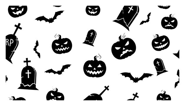 Halloween seamless pattern with scary pumpkins bats and tombstones in flat graphic style