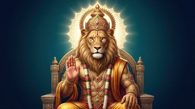 Lord Narasimha Calm Protective Divine Portrait with Teal Background