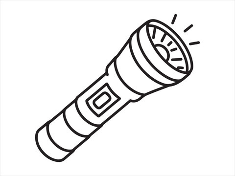 Outline Illustration of a flashlight emitting a beam of light, Flashlight outline, handheld torch light icon isolated on white background